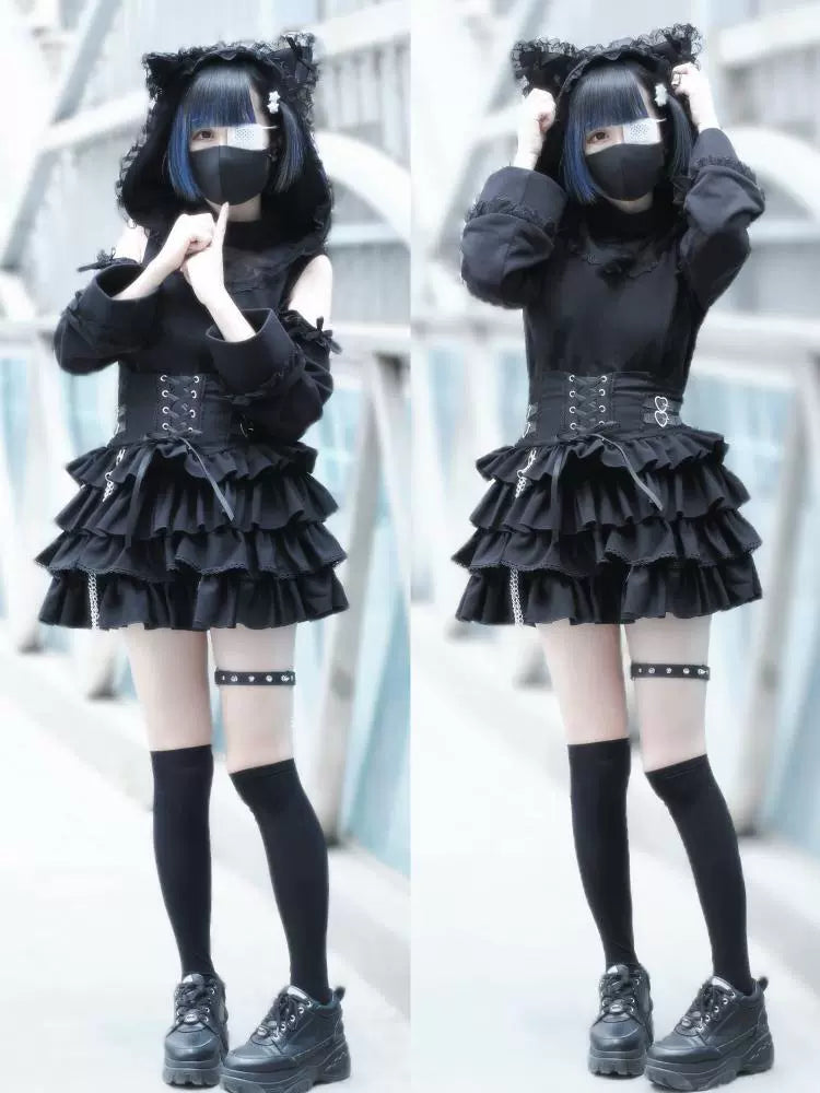 Black Jirai Kei Skirt, Removable Accessories in Two Styles 43240:772207