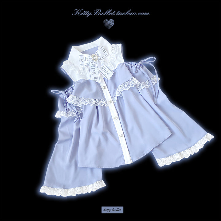 Open Shoulder Jirai Kei Blouse with Lace Trim & Princess Sleeves 42618:746828