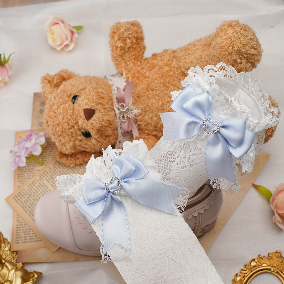 Jirai Kei Socks Kawaii Heart-Shaped Rhinestones and Bow Detail 21542:308614