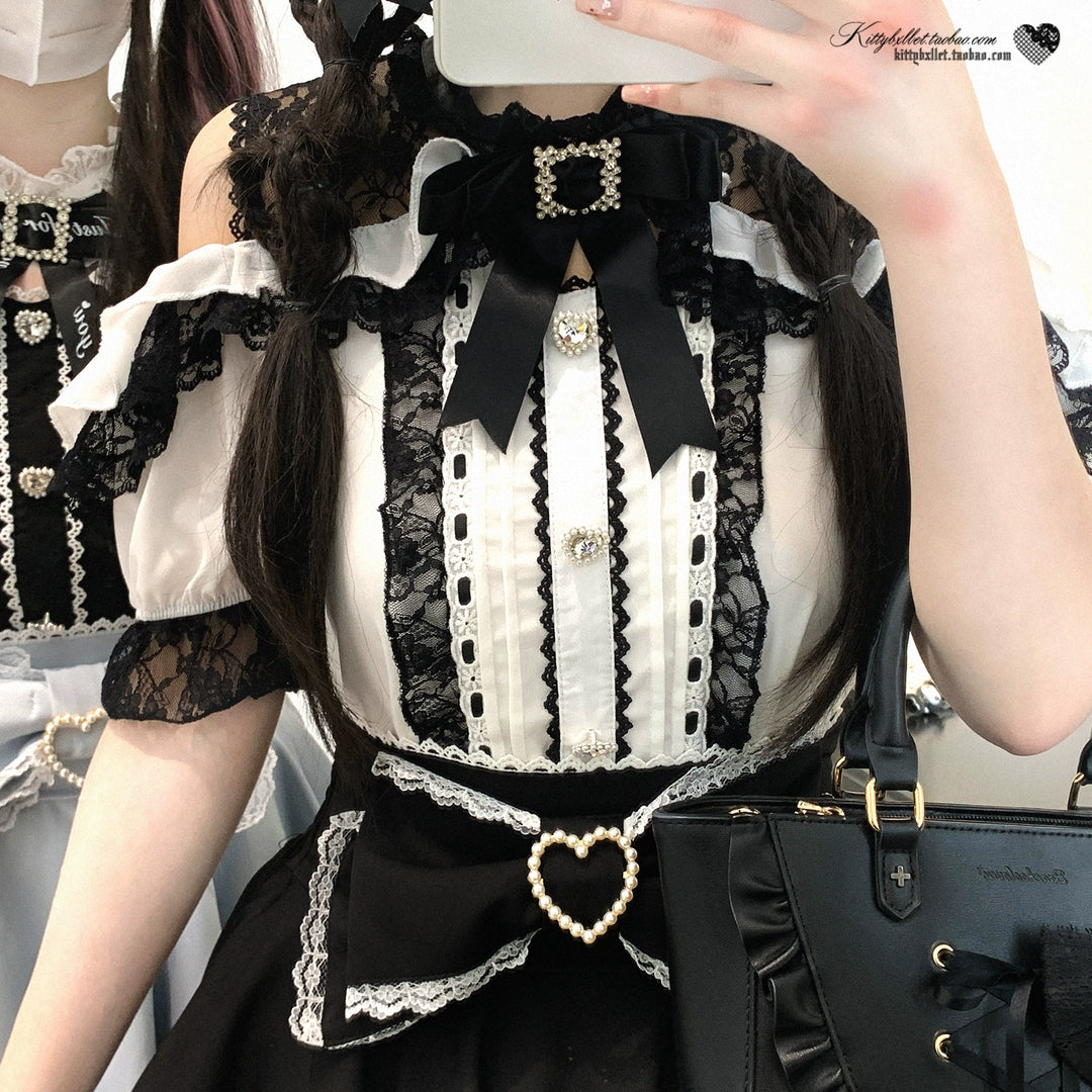 Lace Open Shoulder Jirai Kei Blouse, Heart Rhinestone 43692:783132