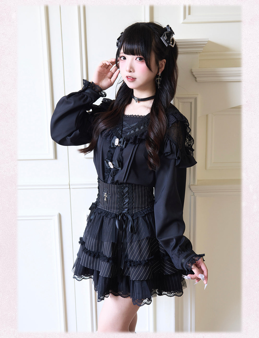 Sailor Collar Jirai Kei Blouse with Tulle Shoulder and Lace Frill 42523:744439