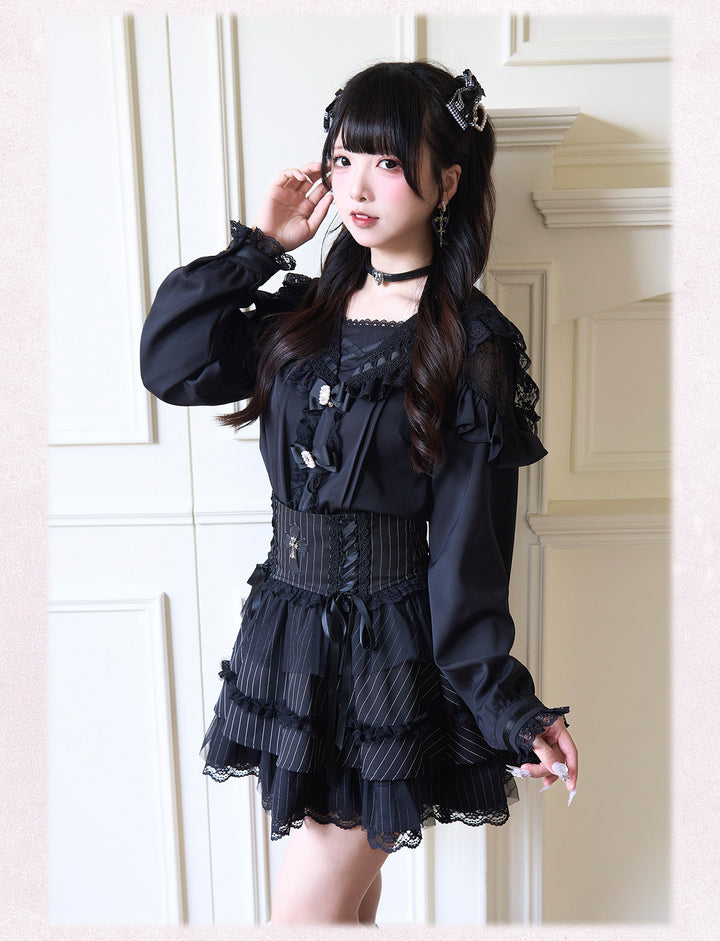 Sailor Collar Jirai Kei Blouse with Tulle Shoulder and Lace Frill 42523:744439