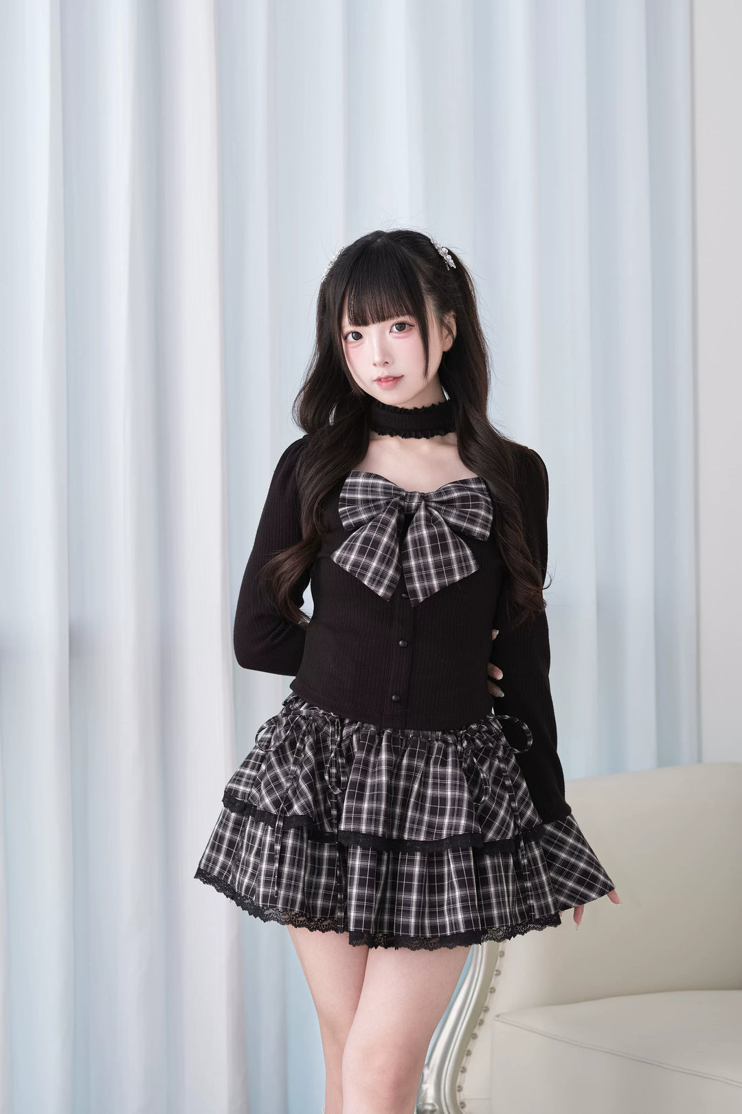 Jirai Kei Knit Top, Choker-Style Neck and Flared Sleeves (M S) 44686:818952