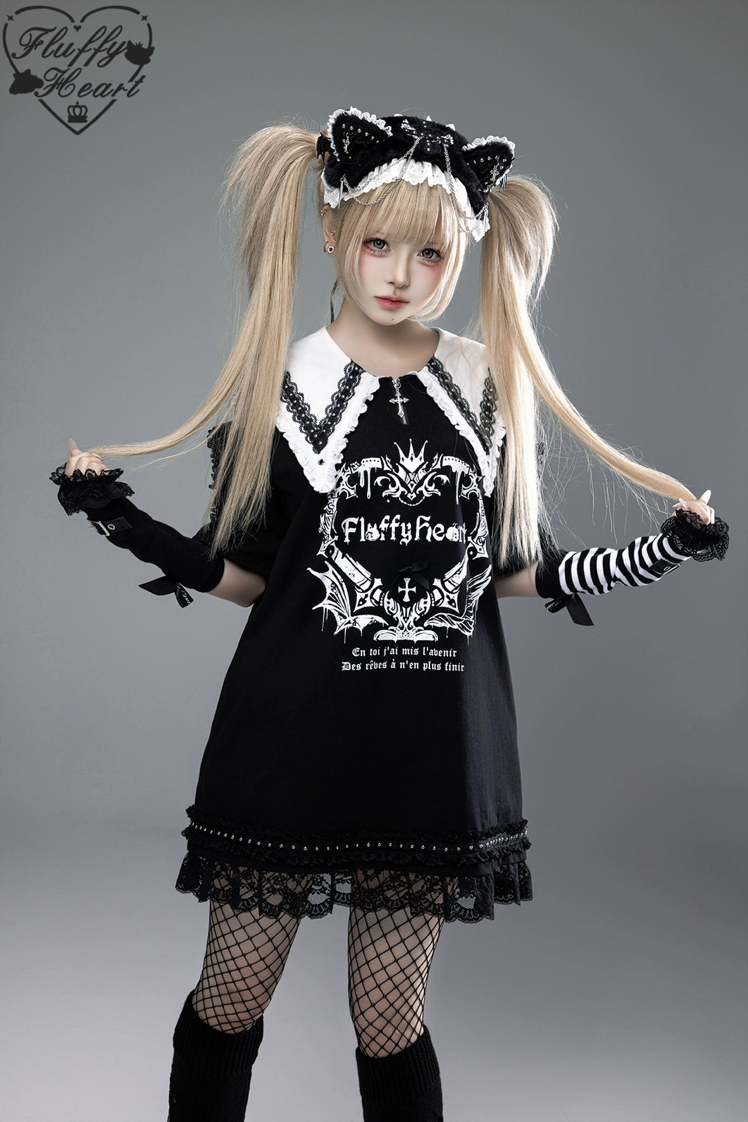 Cotton Sub Jirai Kei T-Shirt Dress, Pointed Collar, Open Shoulder 43373:774806