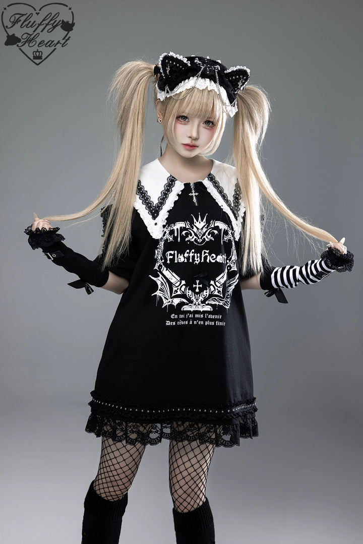 Cotton Sub Jirai Kei T-Shirt Dress, Pointed Collar, Open Shoulder 43373:774806