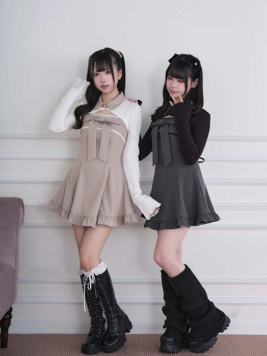 Ryousangata Dress & Knit Bolero Set, Plaid/Striped Pattern 46030:873181