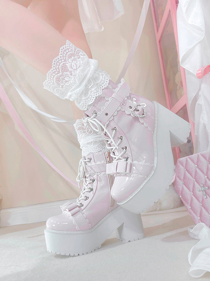 Jirai Kei Shoes Ankle Boots with Heart-shaped Pearl Buckle Detail 42651:749001