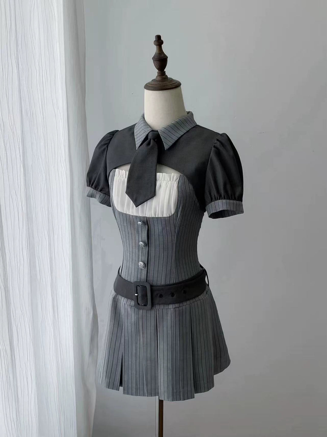 Jirai Kei Gray Striped Faux Two-Piece Dress, Mini Tie (L M S XL) 44808:829278