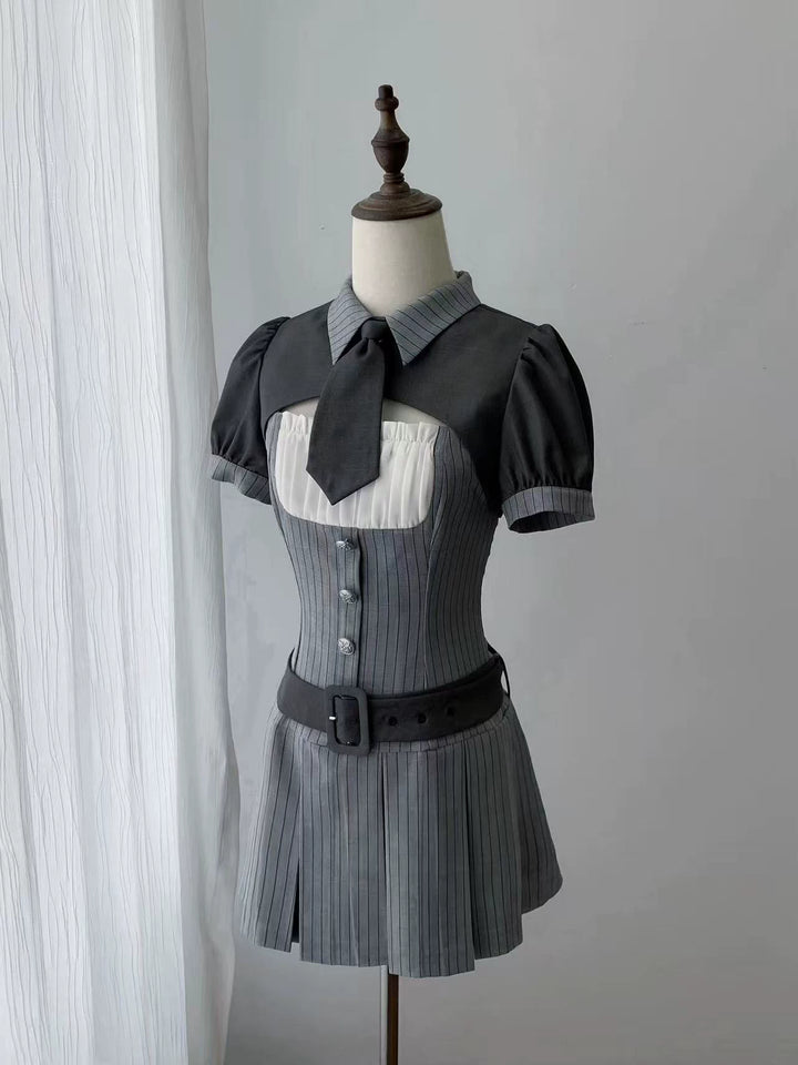 Jirai Kei Gray Striped Faux Two-Piece Dress, Mini Tie (L M S XL) 44808:829278