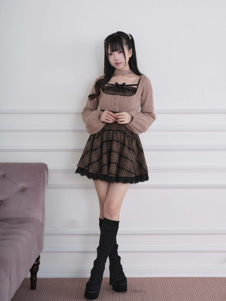 Ryousangata Plaid Dress & Knit Sweater Set, Choker-Neck 46032:873341