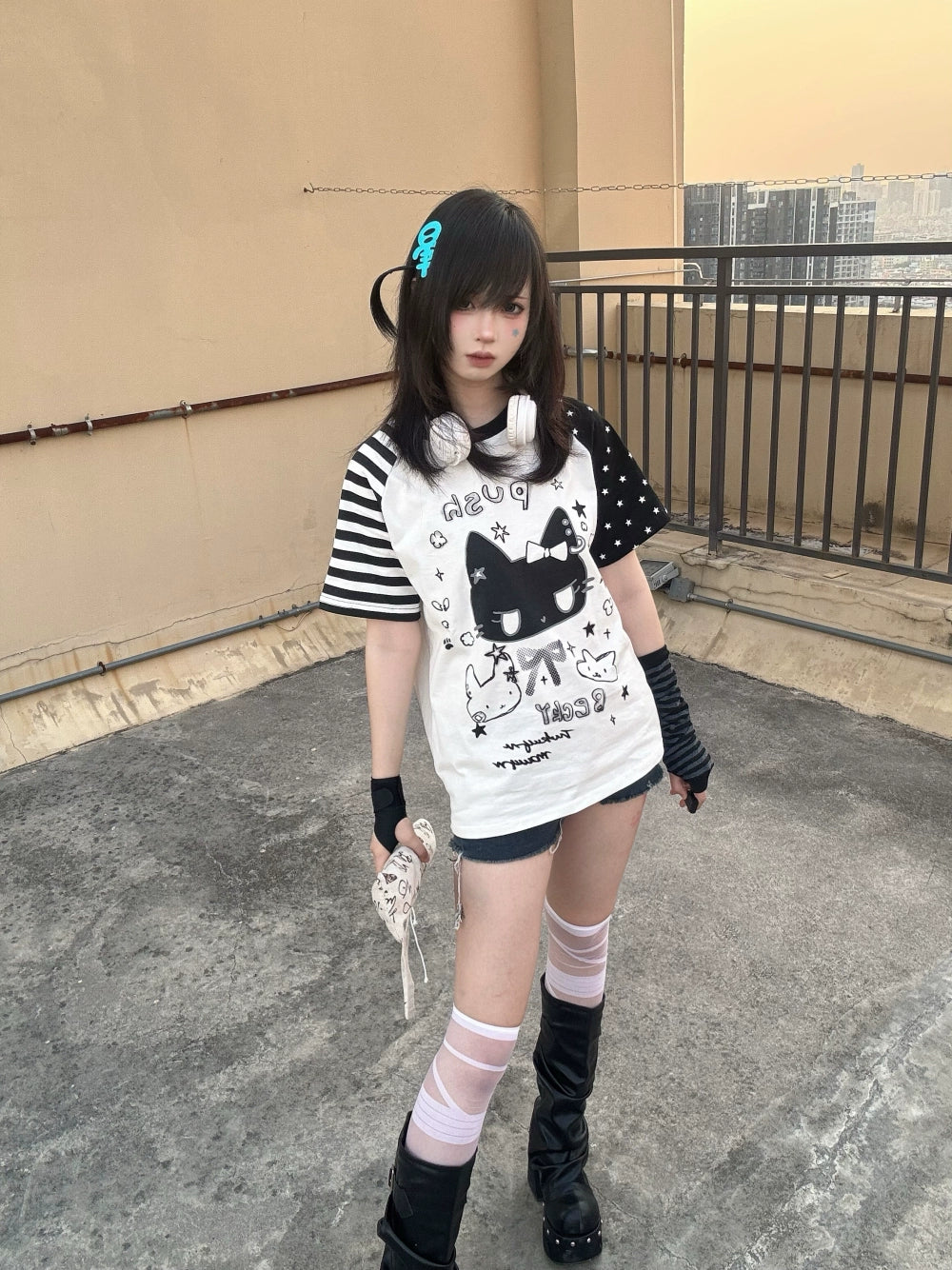 Kawaii Otaku Anime Cat Print Cotton Shirt Black & White 42851:755332