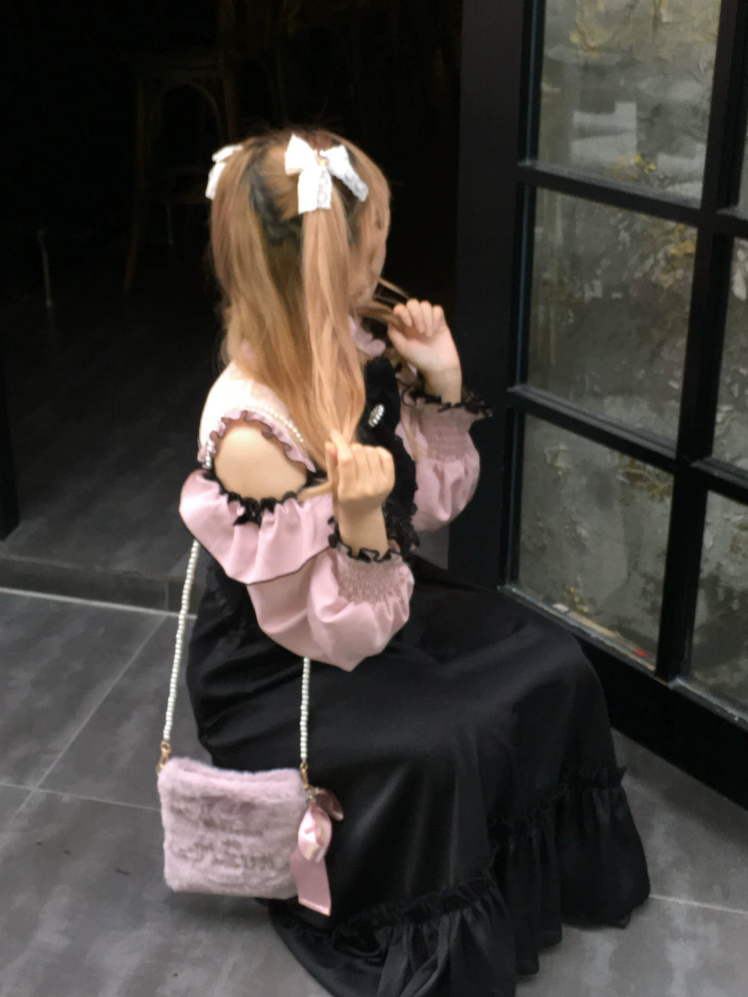 Jirai Kei Open-Shoulder Long Dress, Detachable Bow 44754:823941