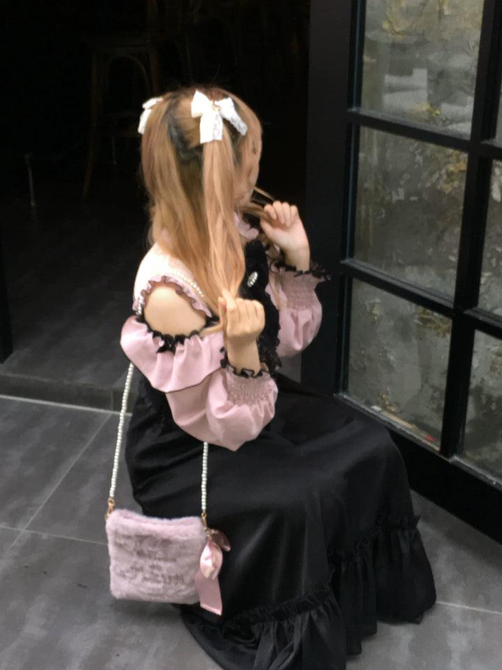 Jirai Kei Open-Shoulder Long Dress, Detachable Bow 44754:823941