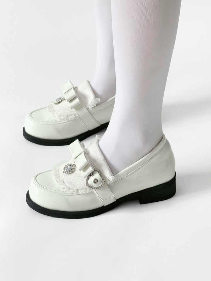 Jirai Kei Low-Heel Loafer Shoes, Rhinestones & Bow 43944:790308