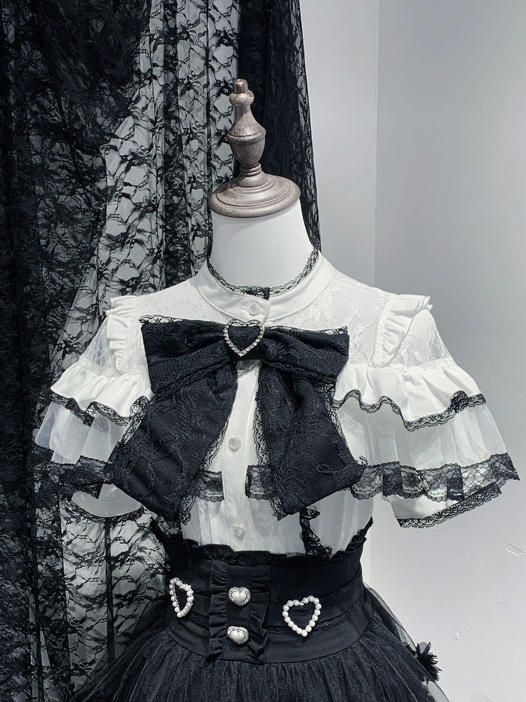 Jirai Kei Blouse Ruffle Lace Ribbon Shirt (L M S XL) 38554:801161