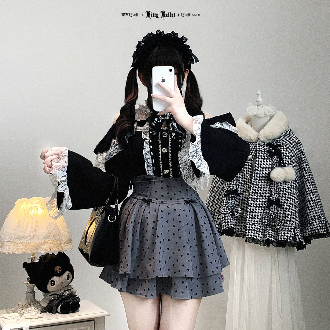 Lace Open-Shoulder Jirai Kei Blouse, Long Sleeves 44004:793098