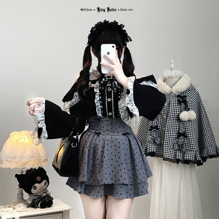 Lace Open-Shoulder Jirai Kei Blouse, Long Sleeves 44004:793098