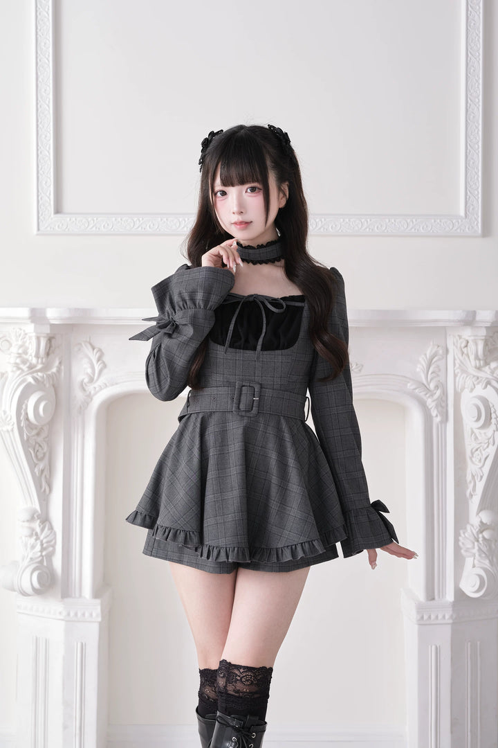 Jirai Kei Plaid Dress and Shorts Set, Lace Trim Choker 44689:819272