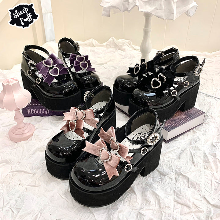 Jirai Kei Black Platform Shoes With Bow and Rhinestone 21982:321654