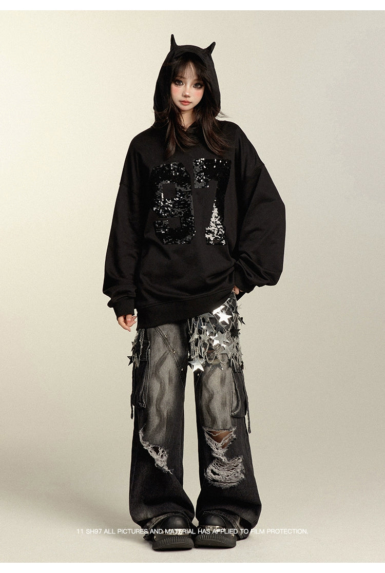 Punk Pants Black Straight Wide Leg Ripped Jeans Autumn 39760:642224