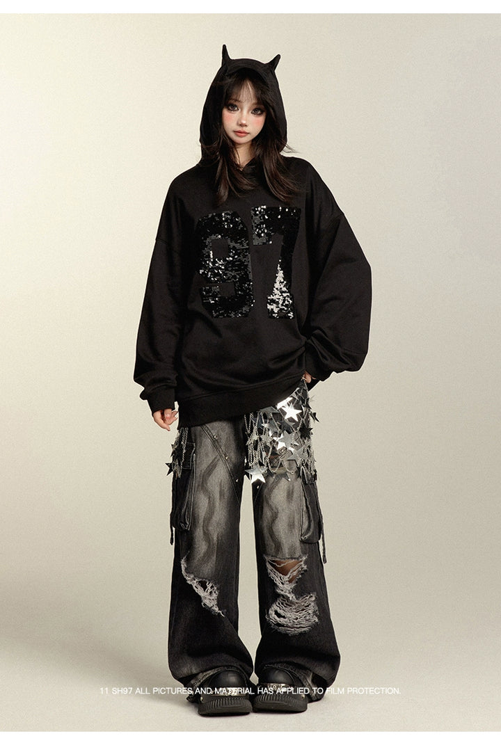 Punk Pants Black Straight Wide Leg Ripped Jeans Autumn 39760:642224