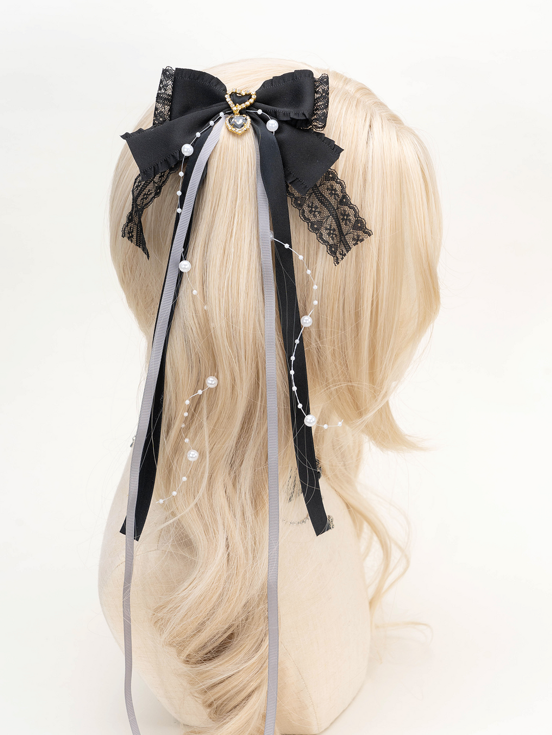Jirai Kei Hair Clip Lace Rhinestone Heart Ribbon Headwear 32286:380660 32286:380660
