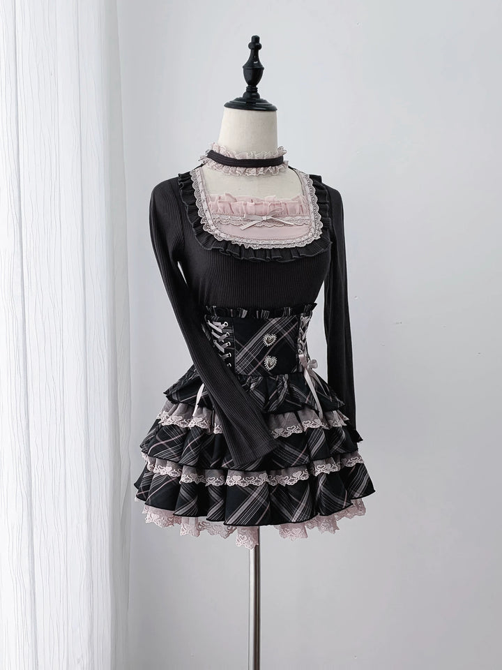Jirai Kei Knitted Top & Skirt Set, Heart-Shaped Lace Trim 46076:874043