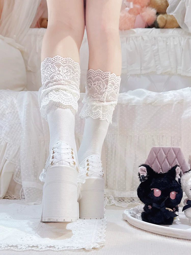 Black/White Jirai Kei Platform High Heel Shoes, Lace Bow 45952:873001