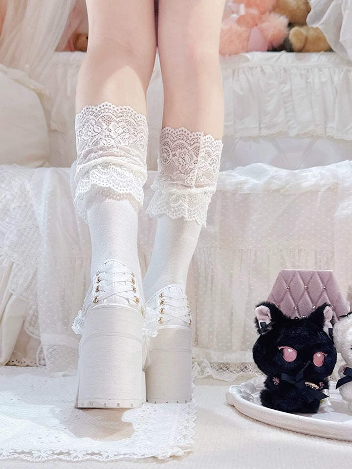 Black/White Jirai Kei Platform High Heel Shoes, Lace Bow 45952:873001