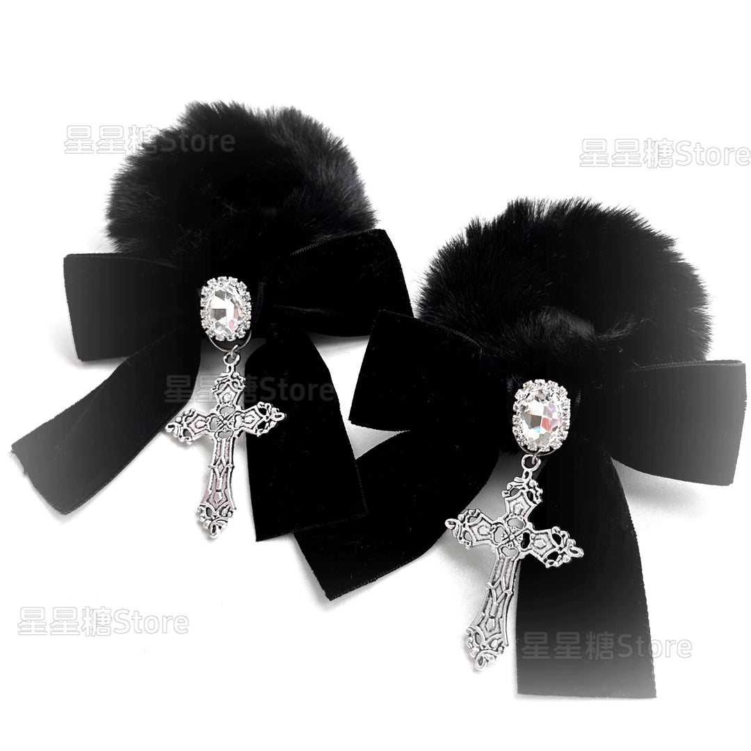 Jirai Kei Black Fluffy Hair Tie, Rhinestone and Cross 43870:791308