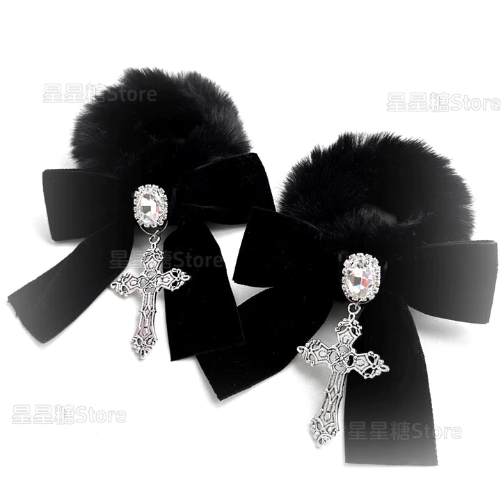 Jirai Kei Black Fluffy Hair Tie, Rhinestone and Cross 43870:791308
