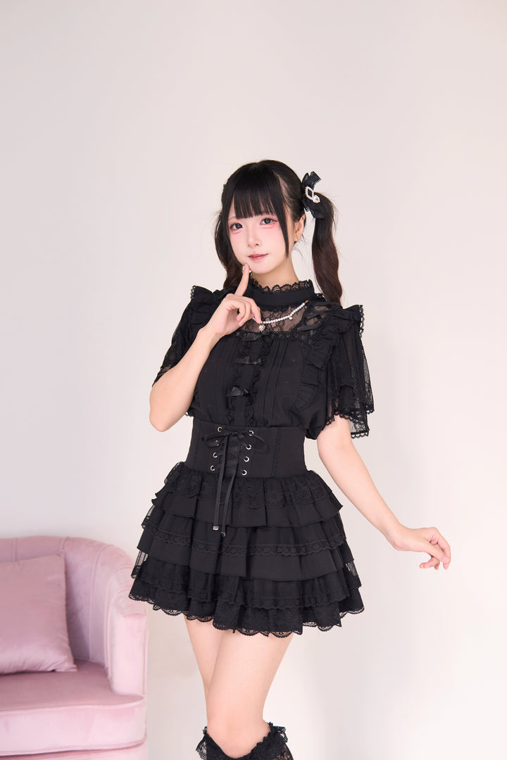 Jirai Kei Pearl Necklace Blouse, Lace-up Cake Skirt Set 43019:765664