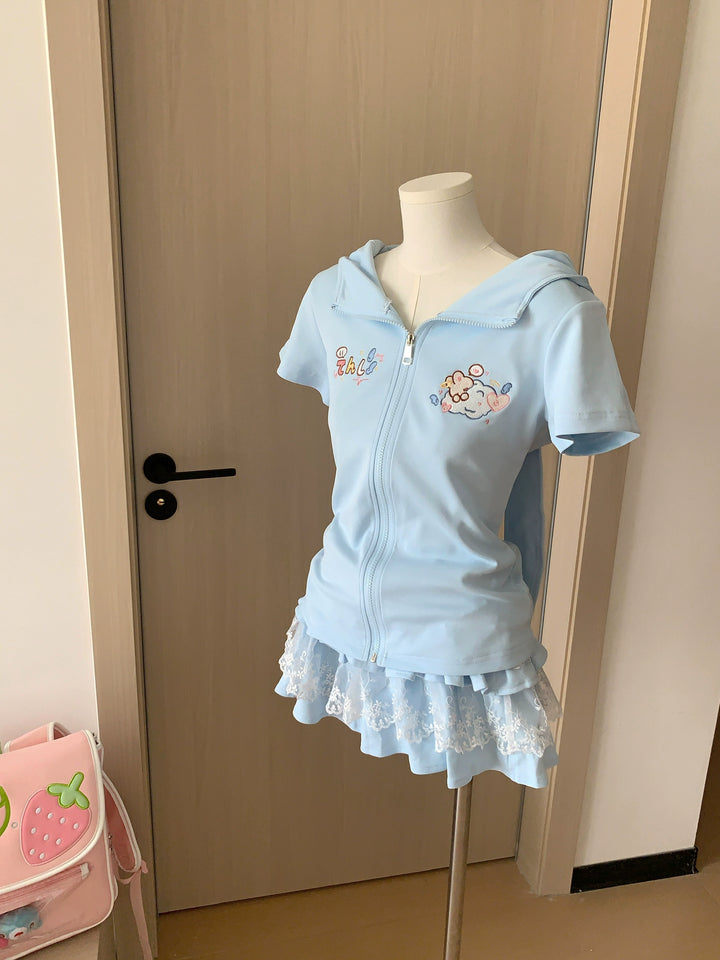 Bunny Eared Kawaii Outfit, Blue Zip Up Sweatshirt + Lace Skirt 43560:779919
