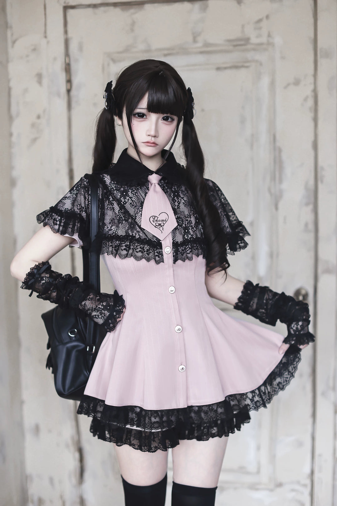 Pink Ryousangata Striped Dress, Lace Neckline and Hem 45453:854906