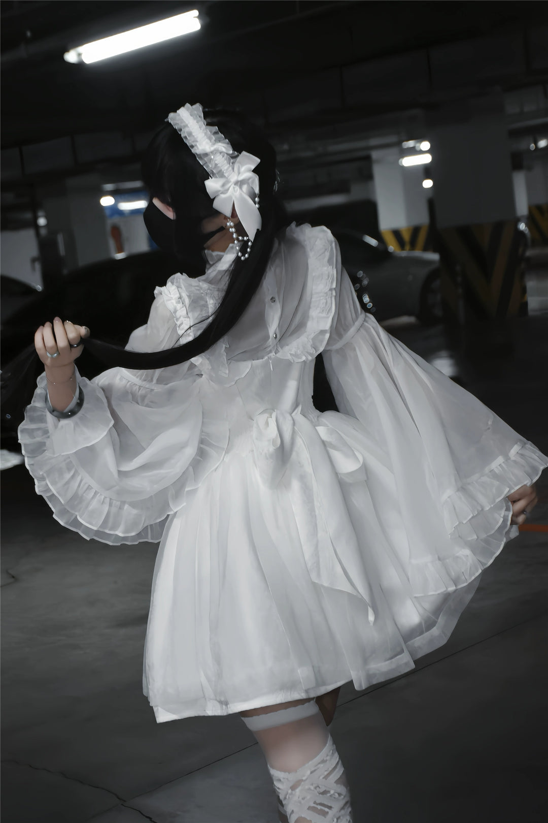 Black/White Jirai Kei Jumper Dress & Hime-Sleeved Sheer Blouse 43326:773586