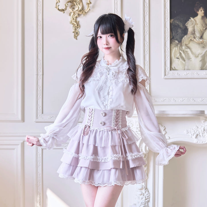 Jirai Kei Ruffle Tiered Skirt with Lace and Bows Multicolor (L M S) 42894:758576