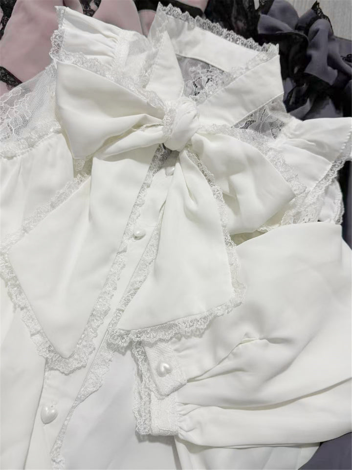 Jirai Kei Stand Collar Shirt with Lace Shoulder And Ribbon 42748:751804