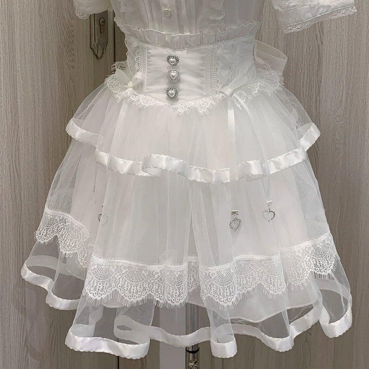 Jirai Kei Skirt Ryousangata Skirt Lace Tiered Skirt (L M S XL / White) 38552:592166