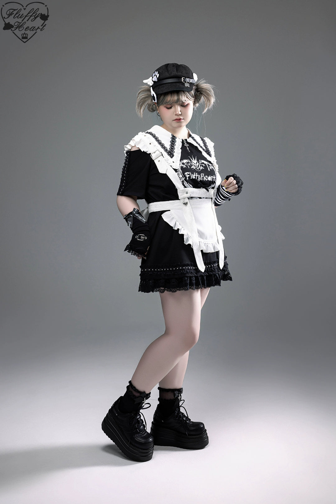 Cotton Sub Jirai Kei T-Shirt Dress, Pointed Collar, Open Shoulder 43373:774812