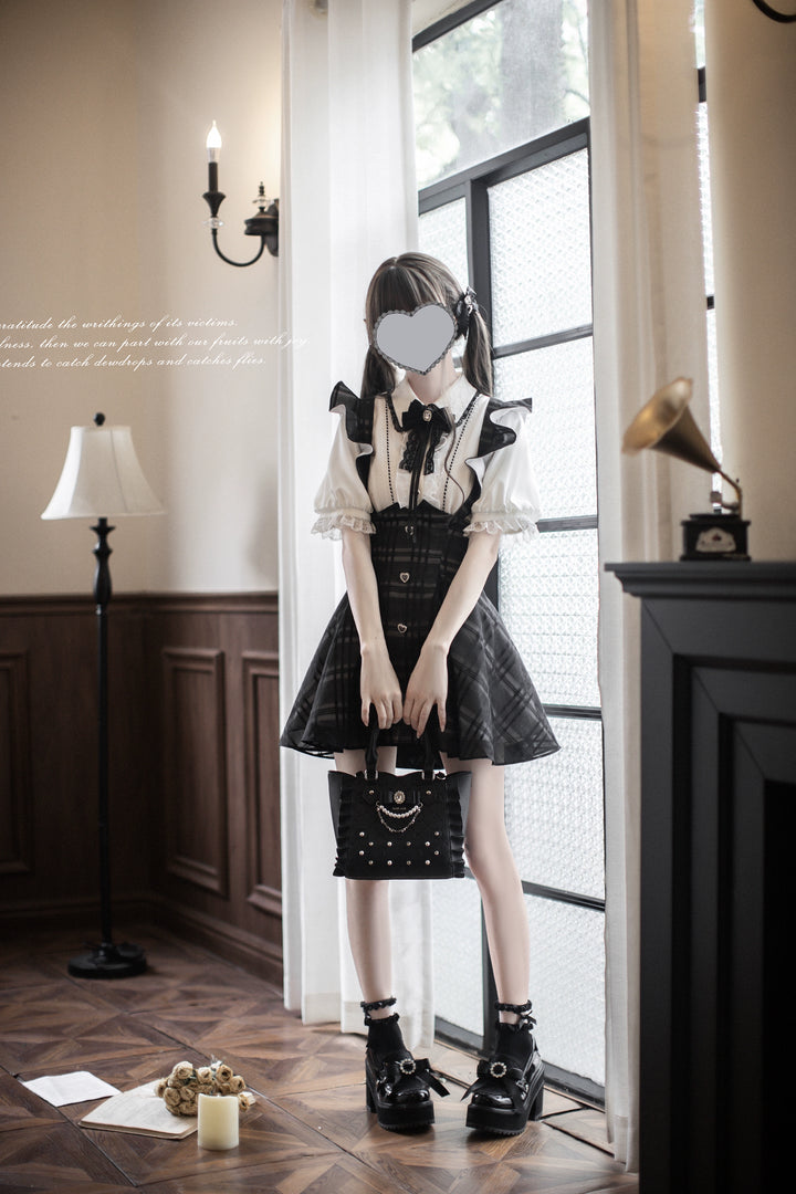 Black Plaid Jirai Kei Suspender Skirt, White Blouse 42918:760674