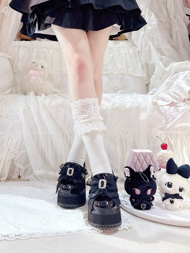 Black/White Jirai Kei Platform High Heel Shoes, Lace Bow 45952:872991