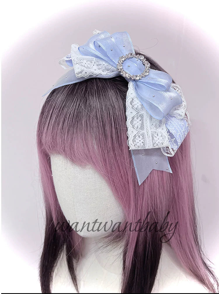 Jirai Kei Headwear, Rhinestone Bow Headband With Sparkle (Blue) 43297:772906