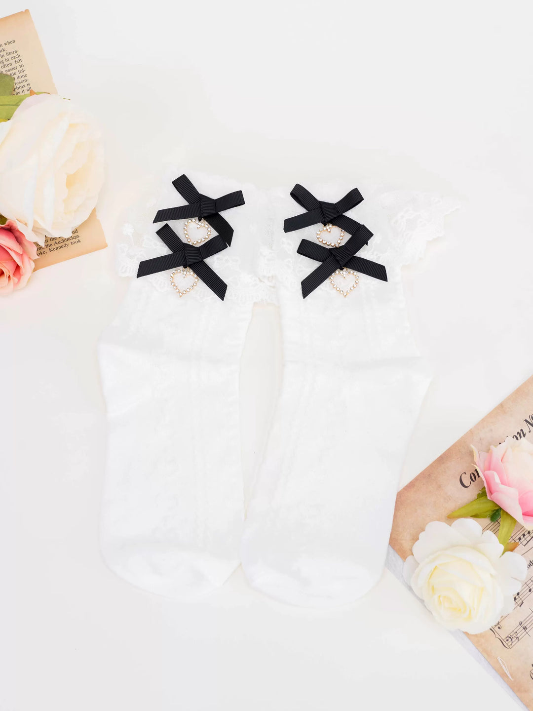 Lolita Mid-Calf Socks With Heart-shaped Rhinestone And Bow 21594:564552