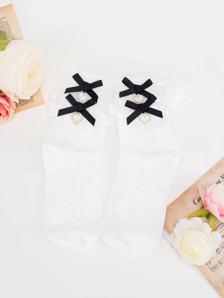 Lolita Mid-Calf Socks With Heart-shaped Rhinestone And Bow 21594:564552