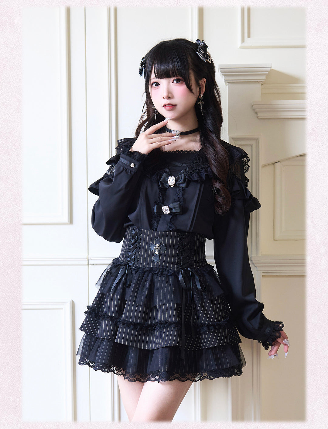 Sailor Collar Jirai Kei Blouse with Tulle Shoulder and Lace Frill 42523:744435