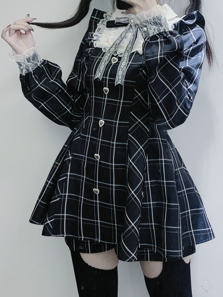 Jirai Kei Dress Set Long-sleeved Plaid Dress And Shorts 39444:620608