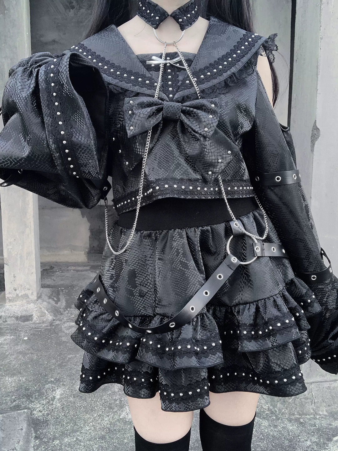 Subculture Black Top & Skirt Set, Snakeskin-Like Style 44771:827672