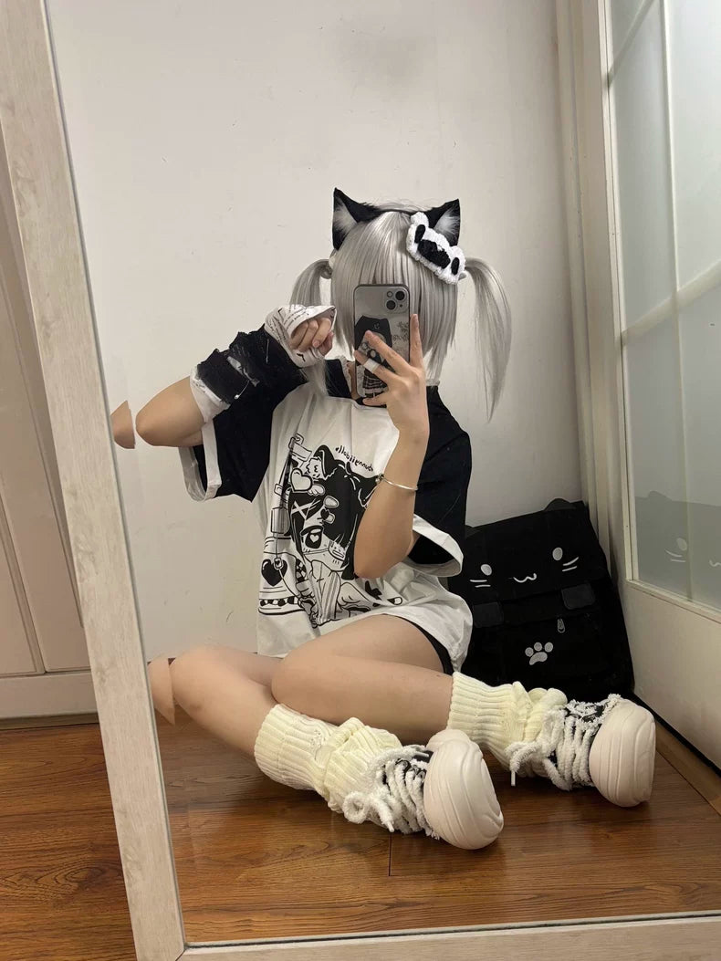 Subculture T-shirt Cat Ear Anime Hoodie Loose Otaku Shirt 38522:599852