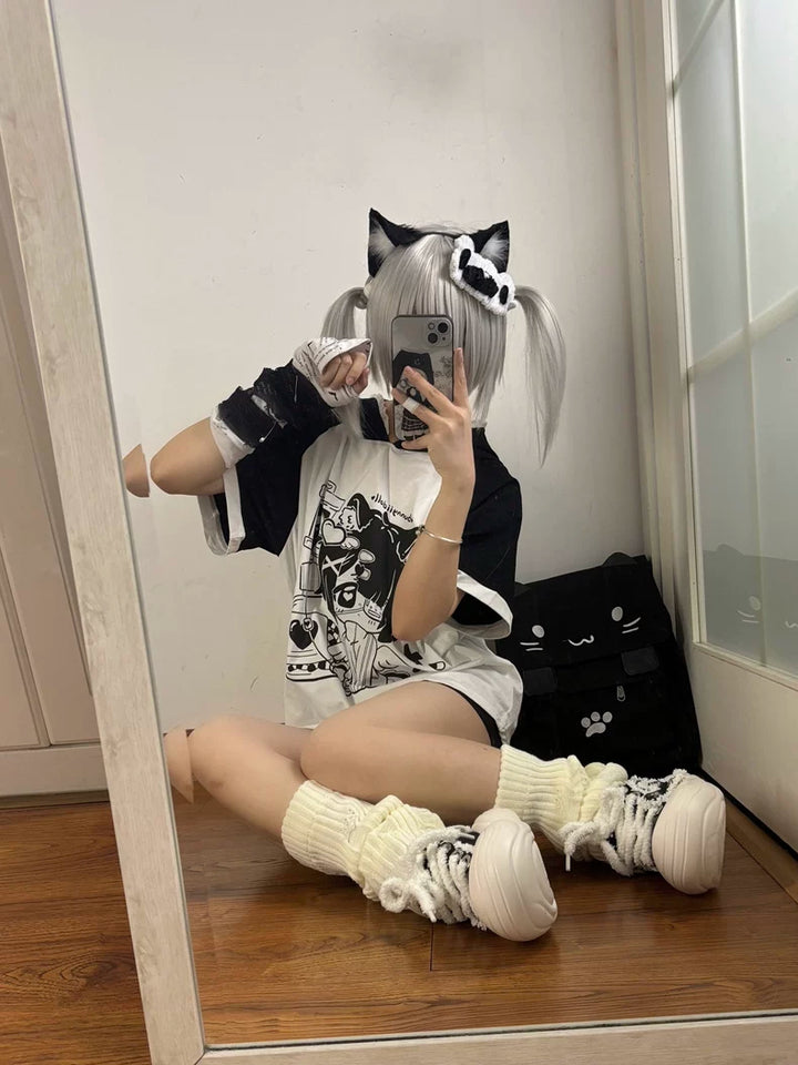 Subculture T-shirt Cat Ear Anime Hoodie Loose Otaku Shirt 38522:599852