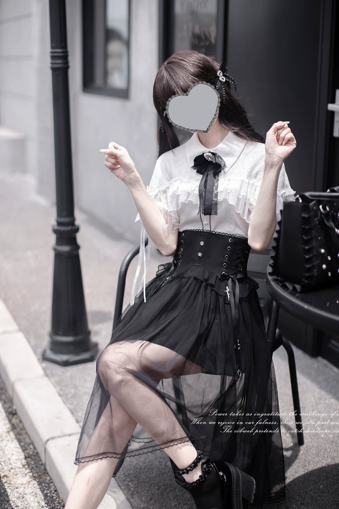 Jirai Kei Cape-Styled Blouse, High-Waist Skirt With Veil Overlay 42919:775522